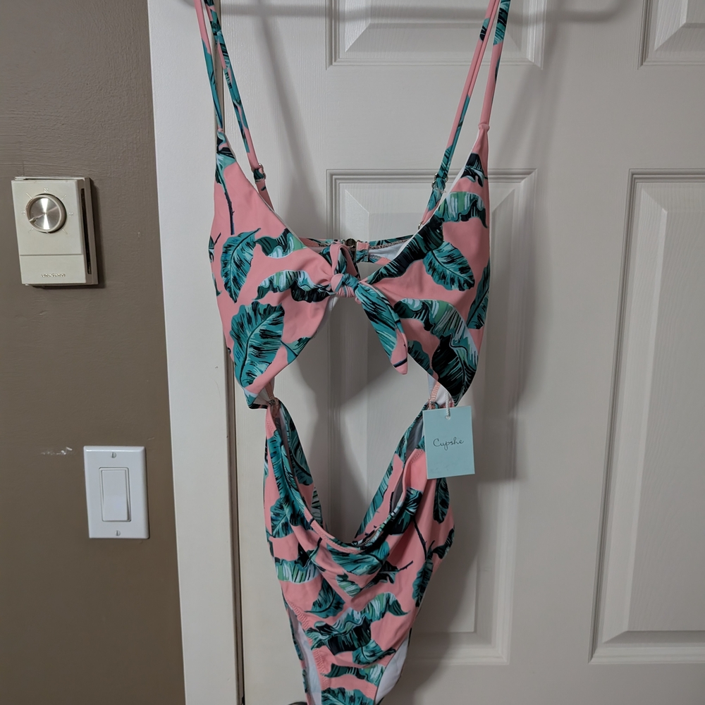 Pink Leaf Print Swimsuit